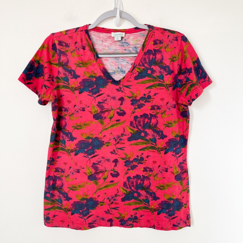 Sundance V Neck Short Sleeve Floral Cotton Top Womens XS Pink